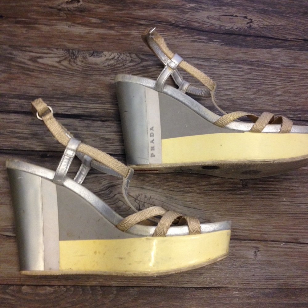 Vintage Y2K Prada silver platform wedge sandals